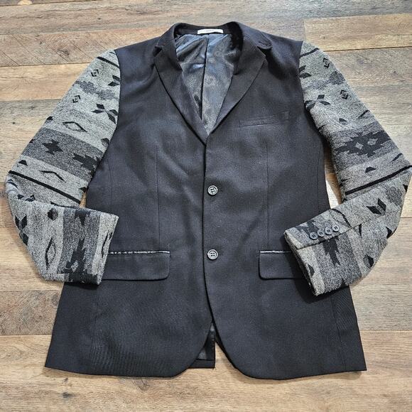 EDGE BY WD NY Blazer Mens Black Button Front Wool Sleeves Aztec Western Medium - Picture 1 of 11